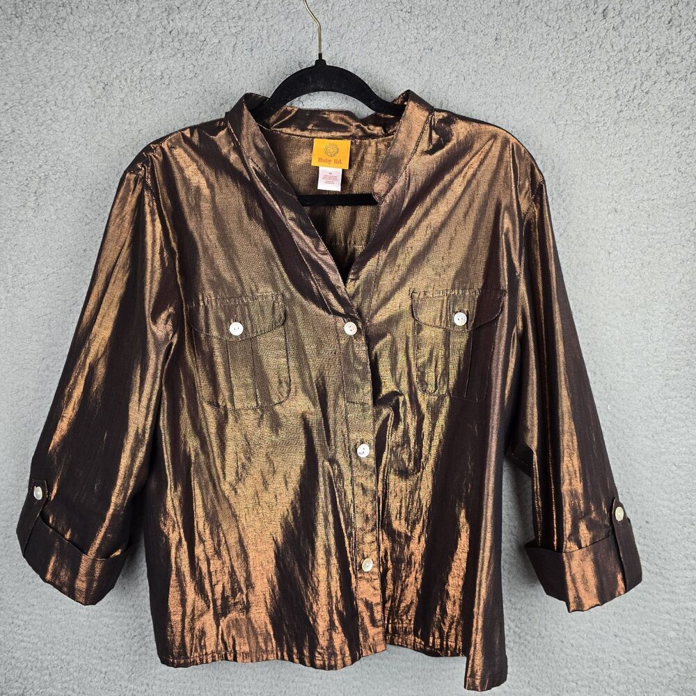Ruby Rd Blouse Shirt Womens 18 Brown Metallic Button Up Roll Tab Sleeve Pockets